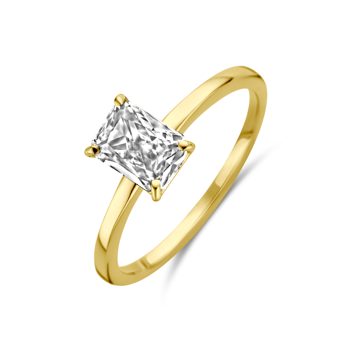 14k Geelgouden ring uitgevoerd met zirkonia. De ring heeft een breedte van 7.5mm.