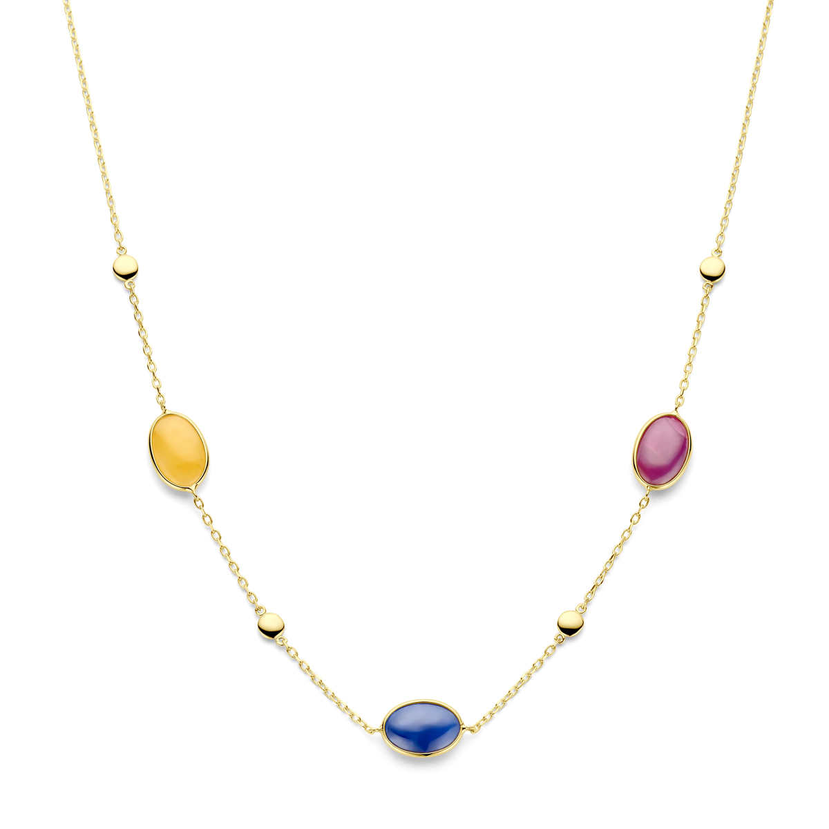 14k Geelgouden collier uitgevoerd met geel, rood en blauwe saffier. Het collier heeft een draaglengte van 42cm met 2cm extensie. De schakelbreedte is 1.4mm. Uitgevoerd met karabijnsluiting.