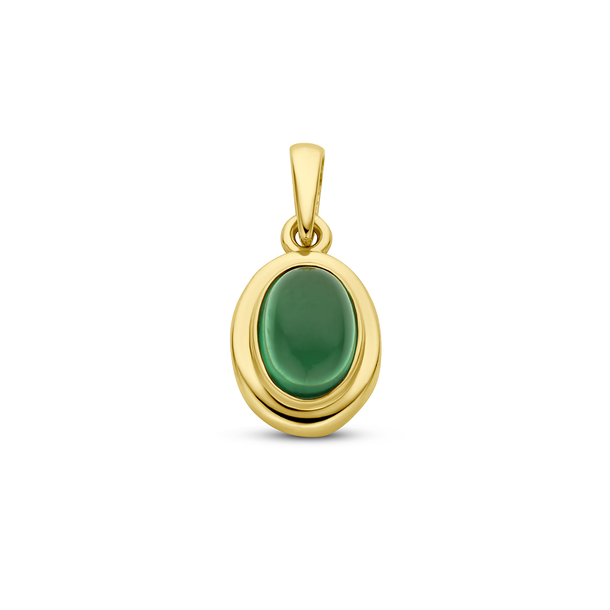 14k Geelgouden hanger uitgevoerd met synthetisch smaragd. De hanger heeft een totale hoogte van 1.6cm.