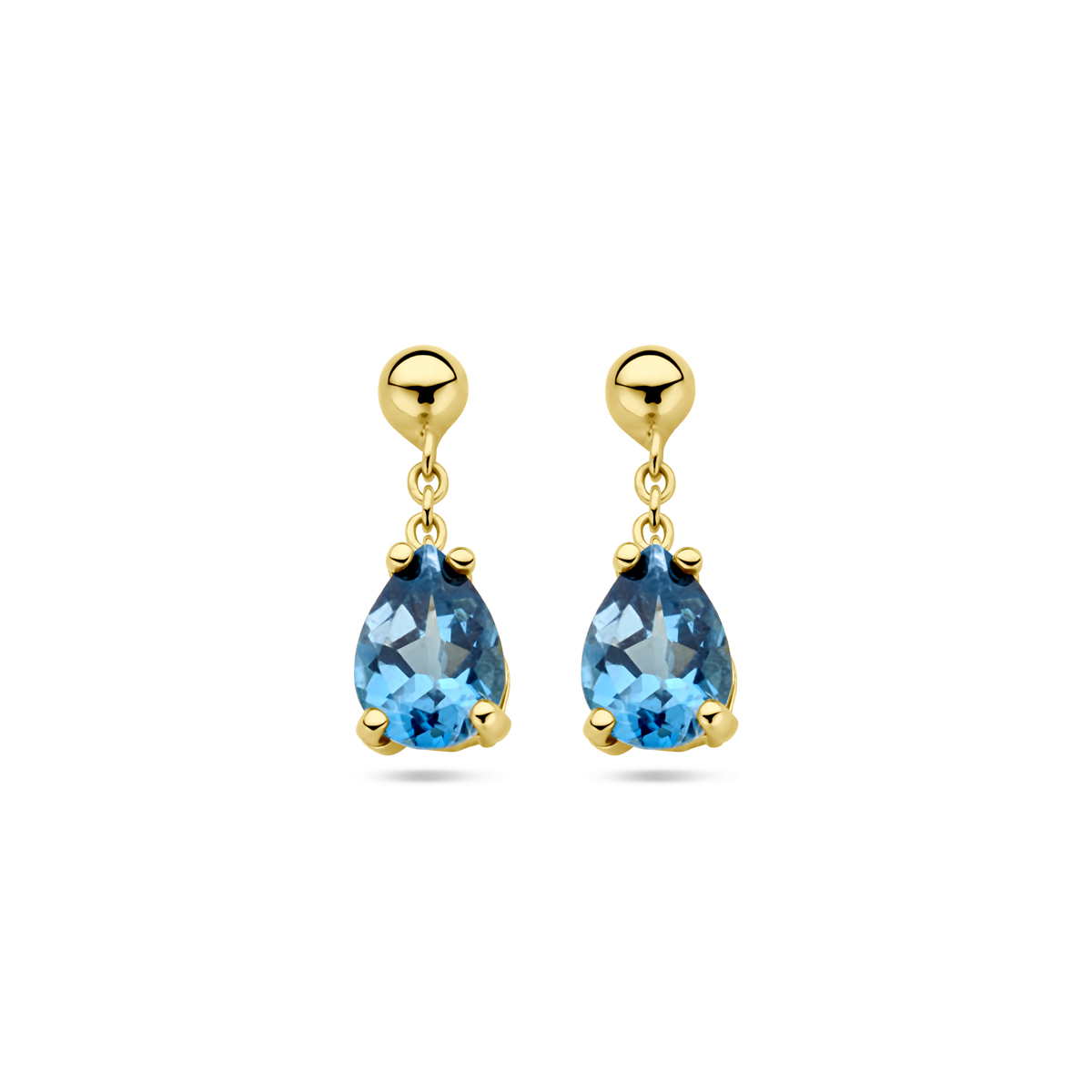 14k Geelgouden oorhangers uitgevoerd met london blue kwarts. De oorhangers hebben een totale hoogte van 15mm.