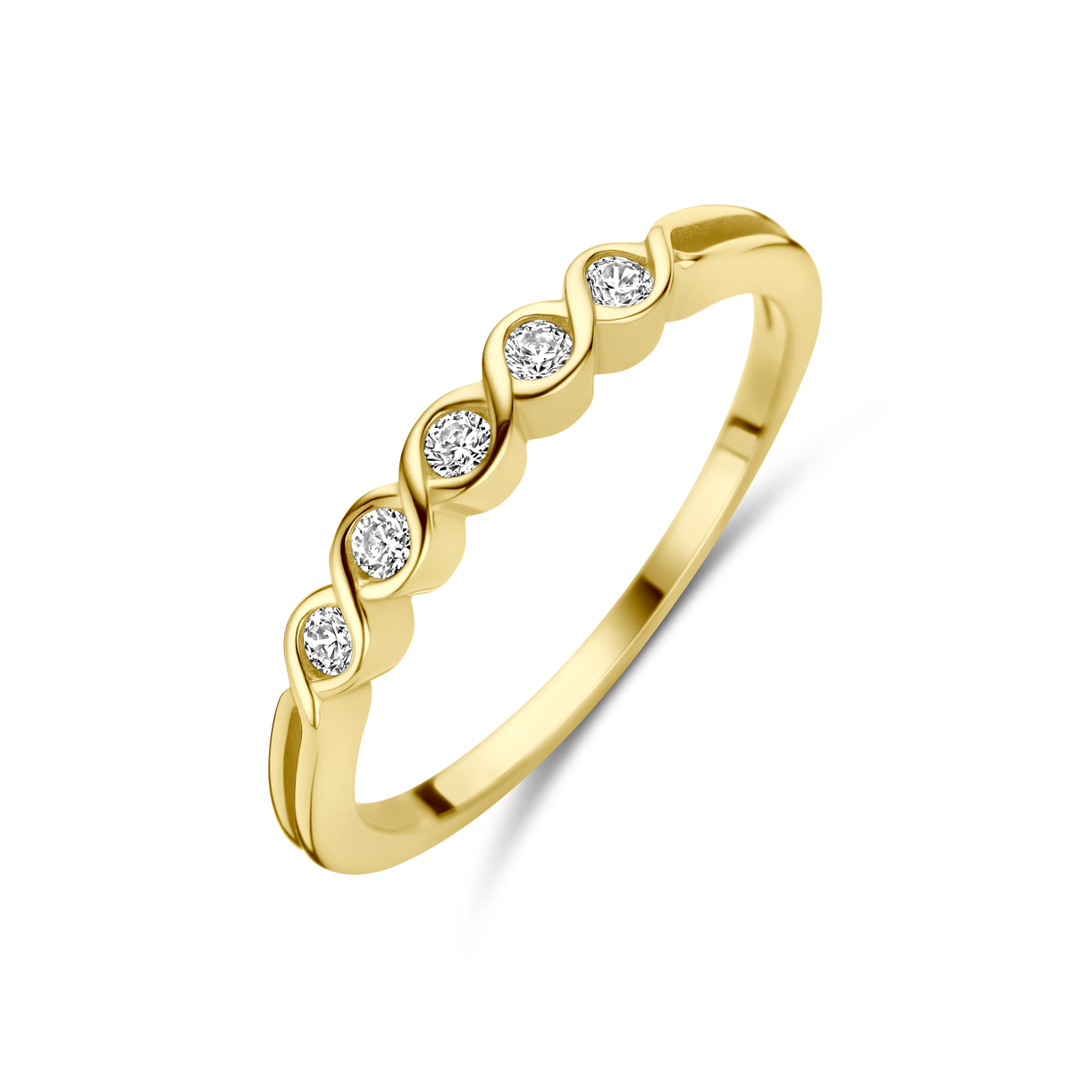 14k Geelgouden ring uitgevoerd met zirkonia. De ring heeft een breedte van 2.5mm.