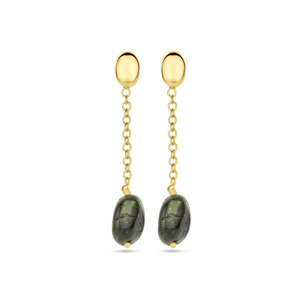 14k Geelgouden oorhangers uitgevoerd met groen toermalijn. De oorhangers hebben een totale hoogte van 31.5mm.