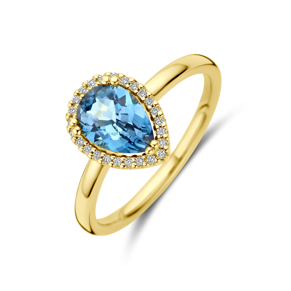 14k Geelgouden ring uitgevoerd met london blue topaas en diamanten. De ring heeft een breedte van 11.5mm. Het diamantgewicht is een totaal van 0.08ct.