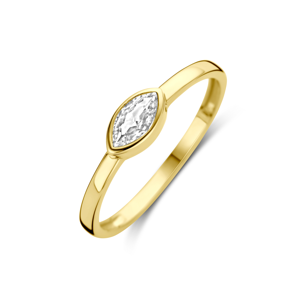 14k Geelgouden ring uitgevoerd met zirkonia. De ring heeft een afmeting van 4x7.5mm.