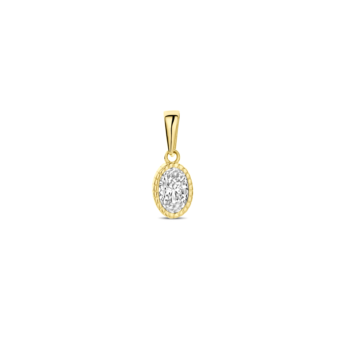 14k Geelgouden hanger uitgevoerd met zirkonia. De hanger heeft een totale hoogte van 13.5mm.