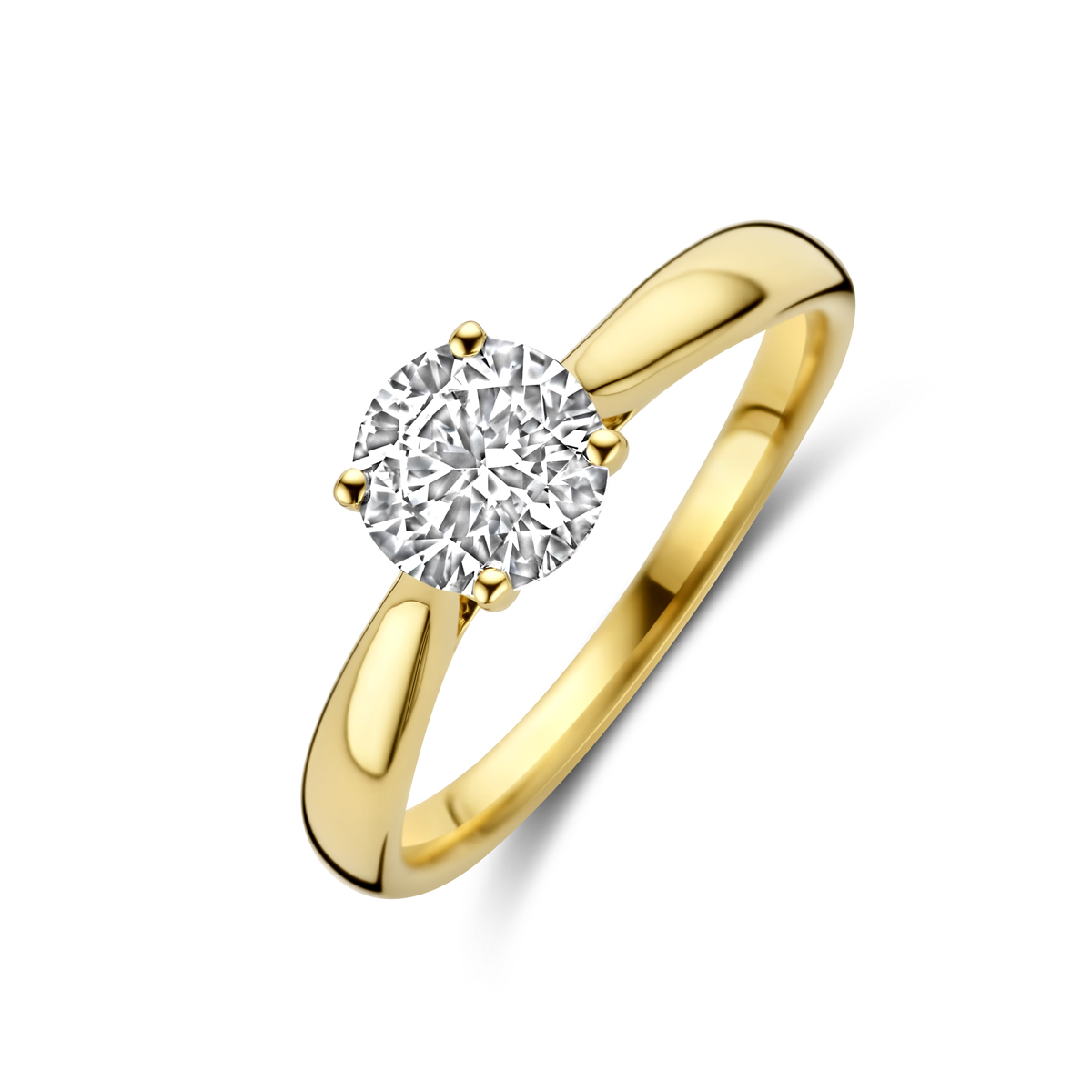 14k Geelgouden ring uitgevoerd met lab grown diamant. De ring heeft een breedte van 6.5mm. Het diamantgewicht is 1.00ct. Lab grown diamanten zijn diamanten die ontstaan in een laboratorium. Onder extreem hoge druk en temperatuur wordt het natuurlijk ontstaansproces nagebootst met als eindresultaat een diamant met dezelfde chemische eigenschappen maar met een andere oorsprong.