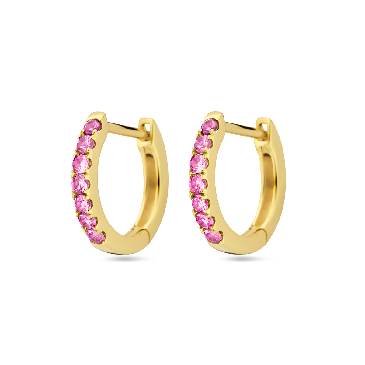 14k Geelgouden klapoorringen uitgevoerd met roze saffier. De klapoorringen hebben een afmeting van 12x2mm.