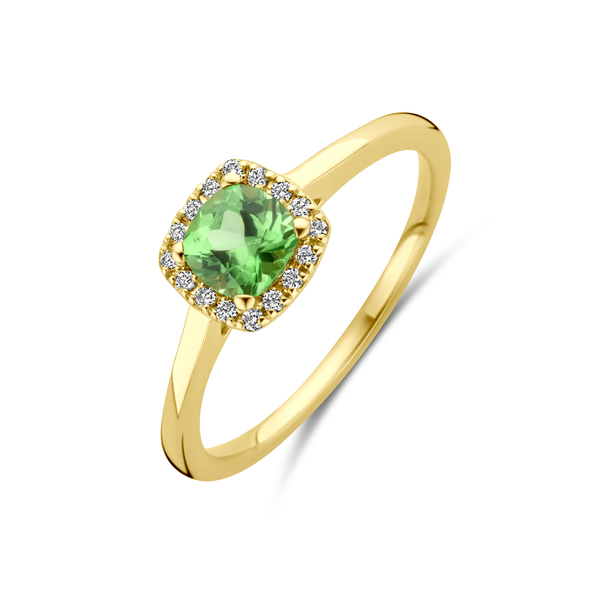 14k Geelgouden ring uitgevoerd met tsavoriet en diamant. De ring heeft een breedte van 7mm. De totale diamantgewicht is 0.07ct.