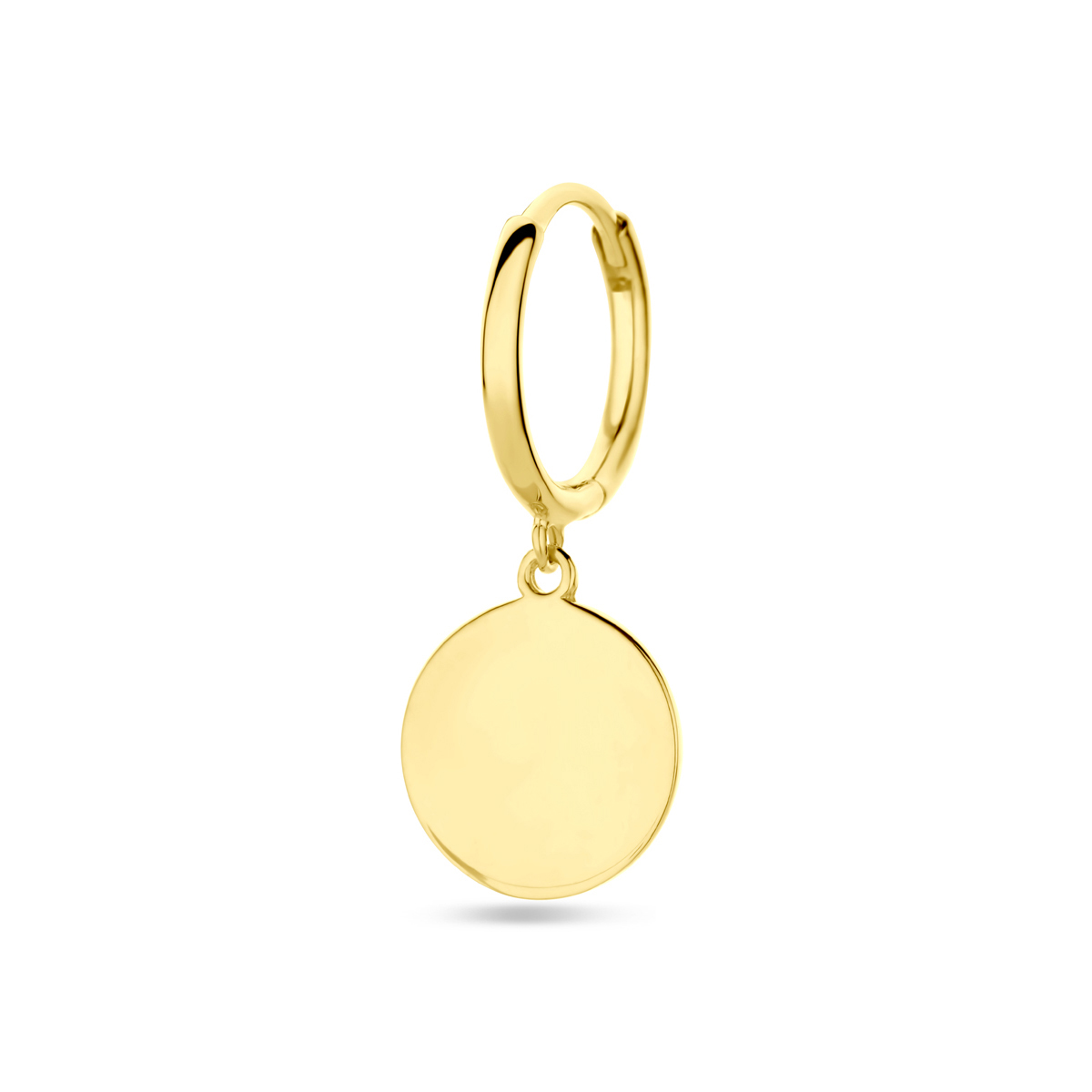 14k Geelgouden graveeroorring met een totale hoogte van 24mm. Het oorring heeft een graveergedeelte met een diameter van 10mm. Deze oorsieraden worden per stuk verkocht ipv per paar.