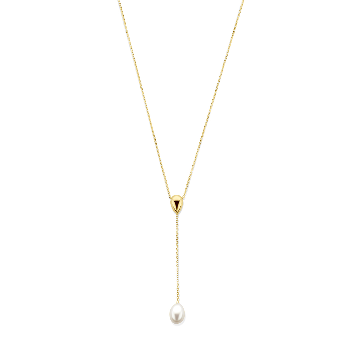14k Geelgouden Y-collier uitgevoerd met zoetwaterparel. Het collier heeft draaglengtes van 40-42cm.