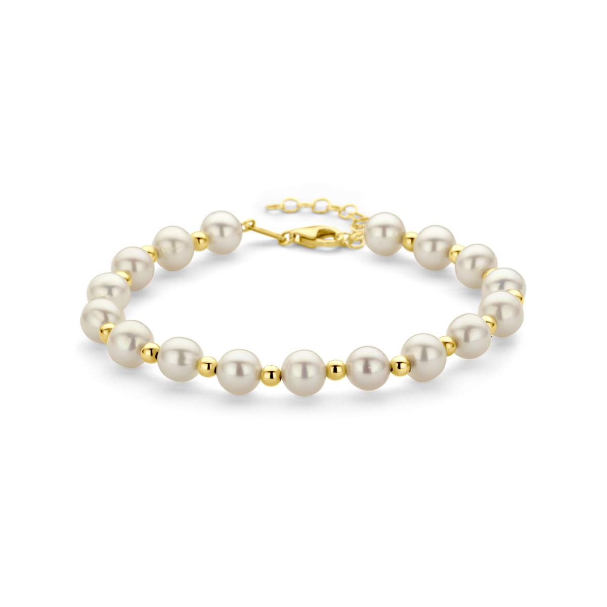 14k Geelgouden armband uitgevoerd met parels. De armband heeft een draaglengte van 17cm met 3cm extensie. Uitgevoerd met karabijnsluiting.