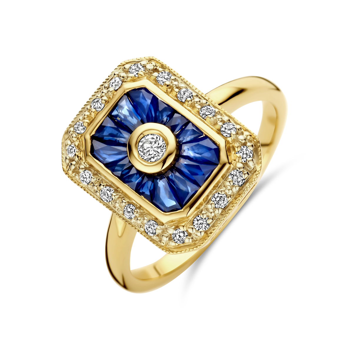 14k Geelgouden vintage ring uitgevoerd met saffier en diamant. De ring heeft een breedte van 14.5mm. Het diamantgewicht is 0.25ct.