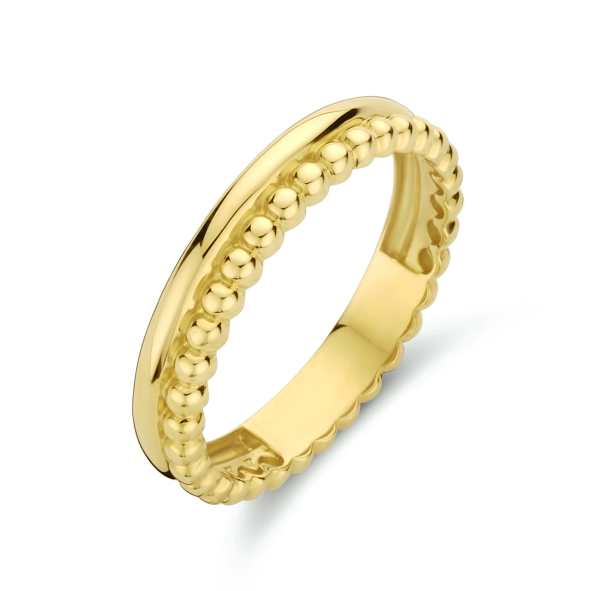 14k Geelgouden ring uitgevoerd met bolletjes. De ring heeft een breedte van 3.4mm.