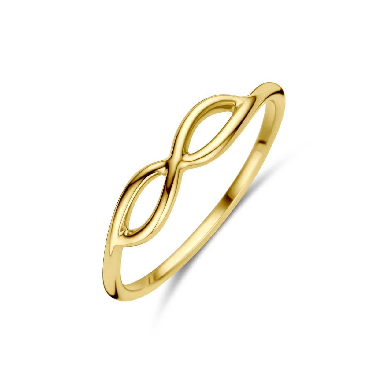 14k Geelgouden ring uitgevoerd met een infinity teken. De ring heeft een breedte van 4mm.
