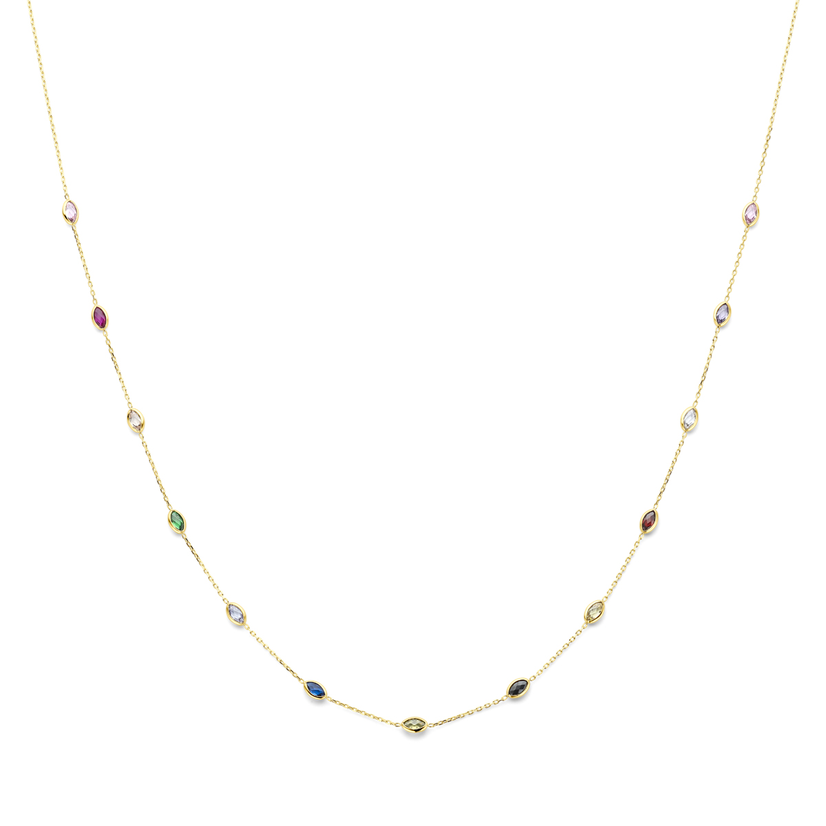 14k Geelgouden collier uitgevoerd met gekleurd zirkonia. Het collier heeft draaglengtes van 41-43-45cm.