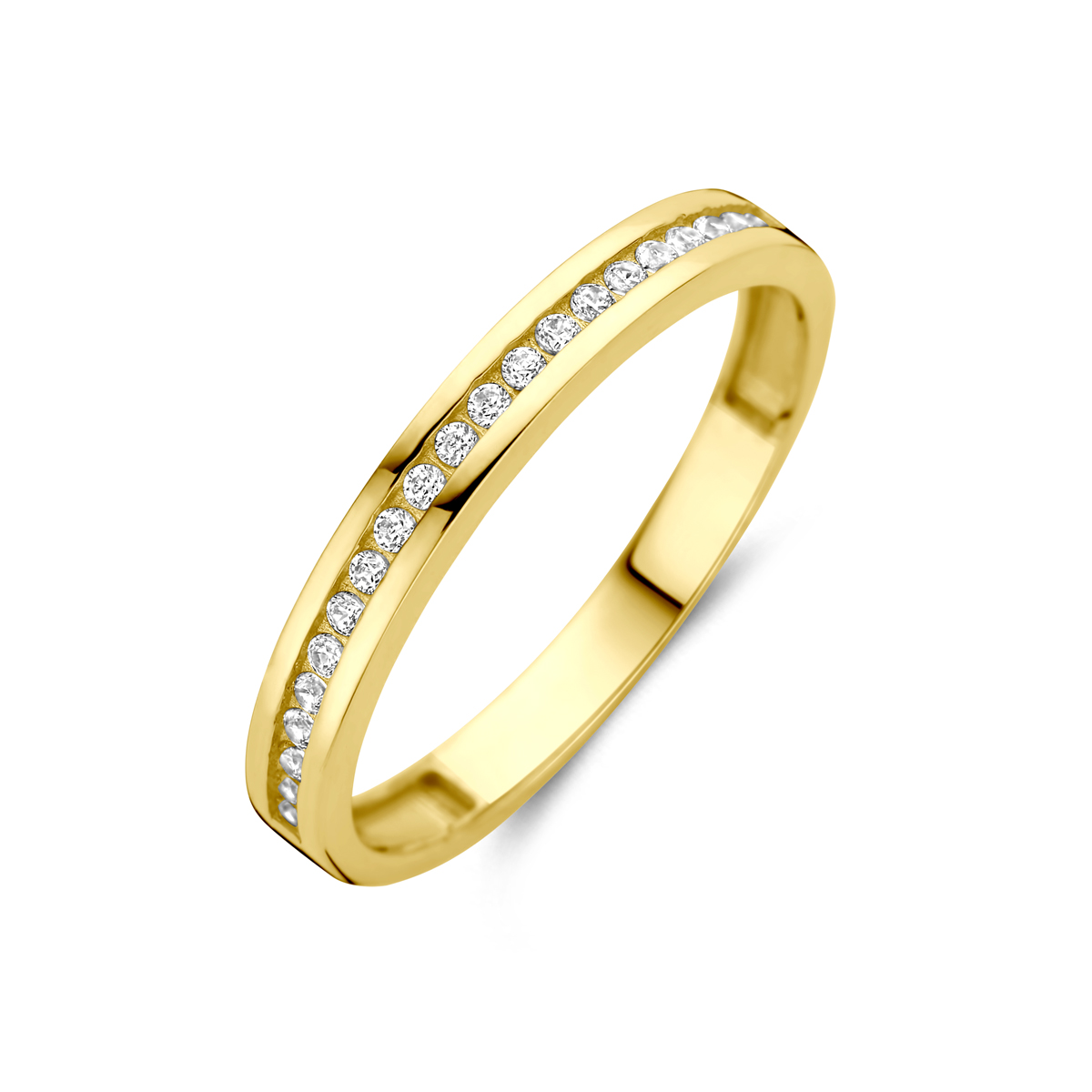 14k Geelgouden ring uitgevoerd met zirkonia. De ring heeft een breedte van 2.5mm.