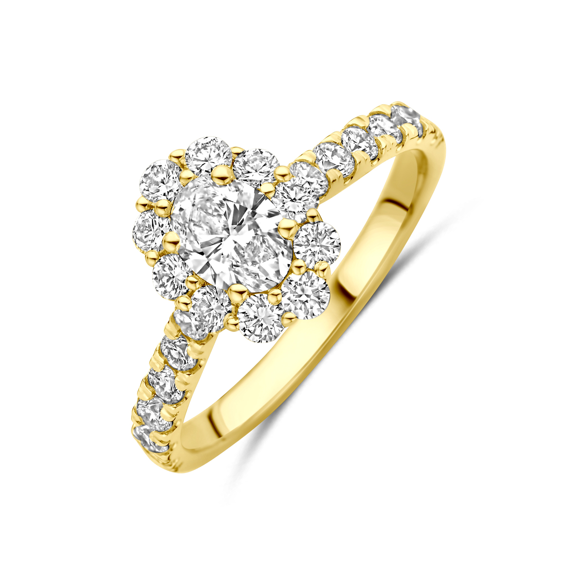 14k Geelgouden ring uitgevoerd met lab grown diamant. De ring heeft een afmeting van 10.5x8mm. Het totale diamantgewicht is 1.29ct. Lab grown diamanten zijn diamanten die ontstaan in een laboratorium. Onder extreem hoge druk en temperatuur wordt het natuurlijk ontstaansproces nagebootst met als eindresultaat een diamant met dezelfde chemische eigenschappen maar met een andere oorsprong.