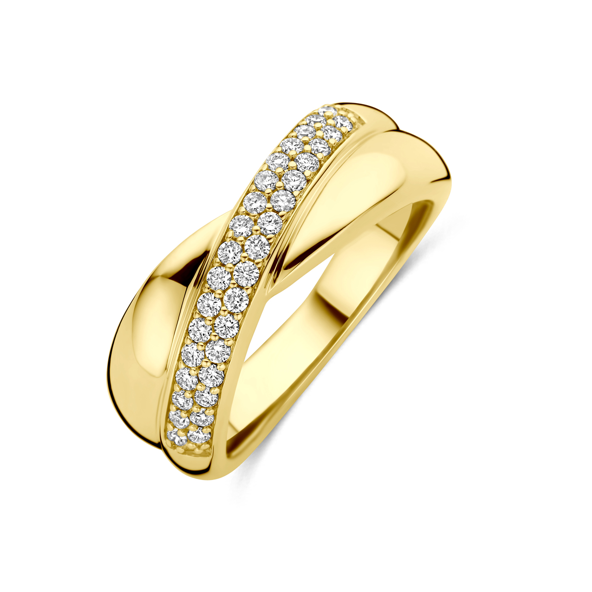 14k Geelgouden ring uitgevoerd met lab grown diamant. De ring heeft een breedte van 7.5mm. Het totale diamantgewicht is 0.30ct. Lab grown diamanten zijn diamanten die ontstaan in een laboratorium. Onder extreem hoge druk en temperatuur wordt het natuurlijk ontstaansproces nagebootst met als eindresultaat een diamant met dezelfde chemische eigenschappen maar met een andere oorsprong.