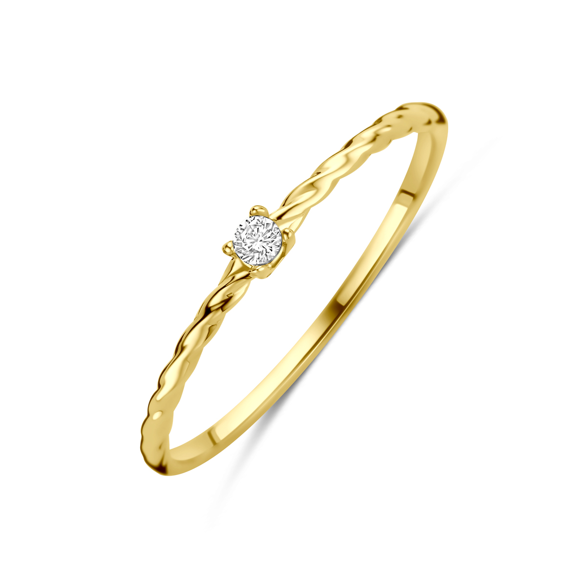 14k Geelgouden ring uitgevoerd met zirkonia. De ring heeft een breedte van 2mm.