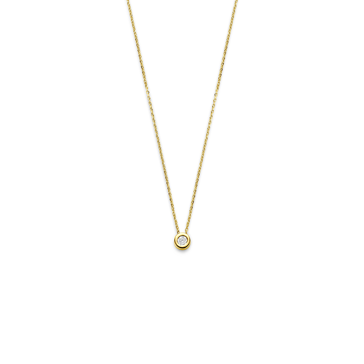 14k Geelgouden collier uitgevoerd met zirkonia. Het collier heeft draaglengtes van 41-43-45cm.