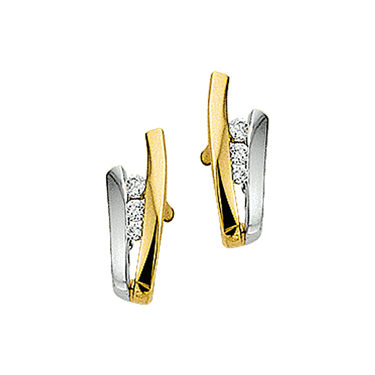 Gouden bicolor oorstekers model halve maan met 6 zirconia's.