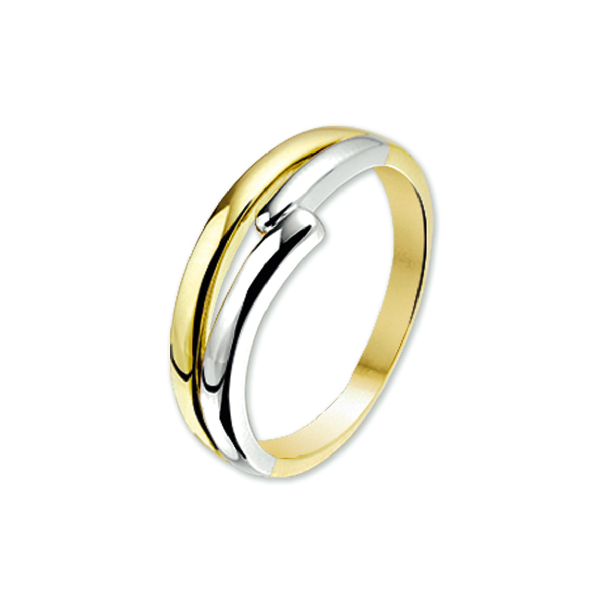 ring 14K bicolor goud geel/wit met dubbele baan en boog