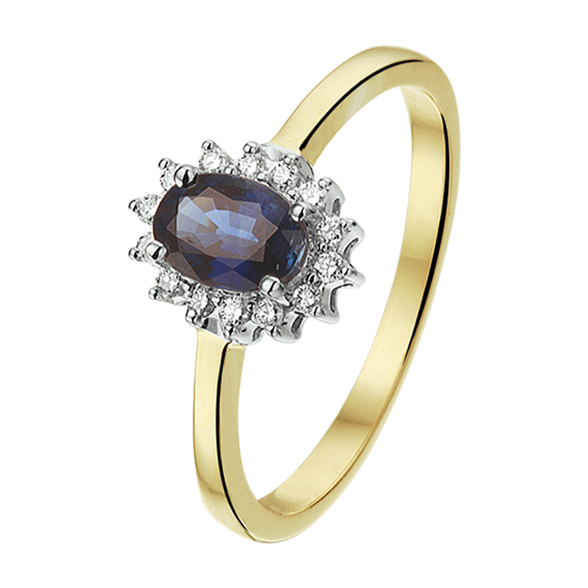 Bicolor geel en witgouden ring uitgevoerd met een saffier van 6x4mm en briljant geslepen diamant 0.10ct H SI.