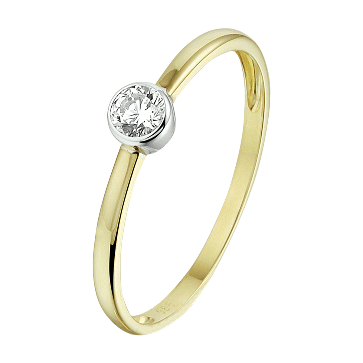 14k Bicolor geel- en witgouden ring uitgevoerd met een schitterende zirkonia. De ring heeft een breedte van 4.5mm.