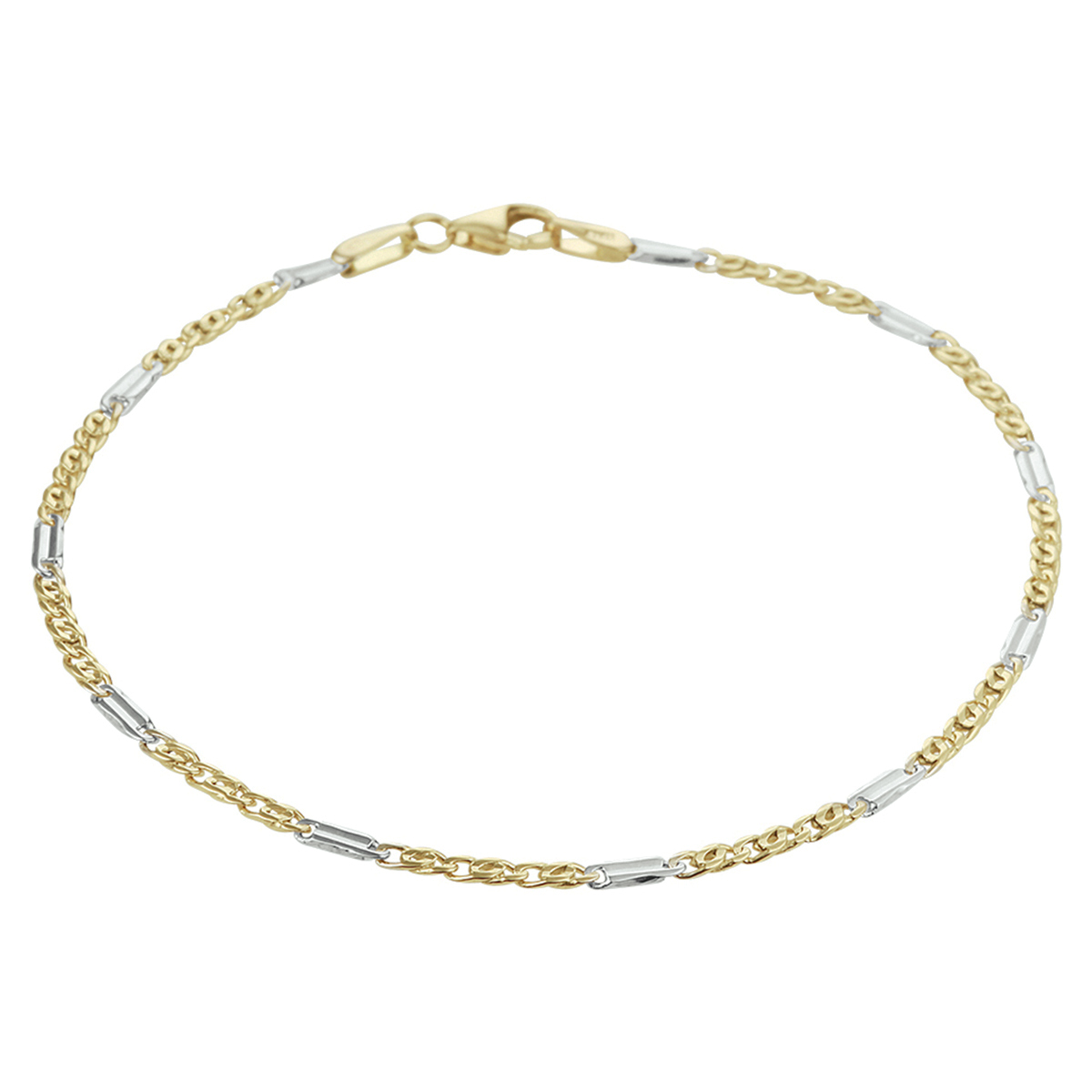 14k Bicolor geel- en witgouden valkenoog armband. De armband heeft een stevige karabijn sluiting. De schakelbreedte is 1.9mm.