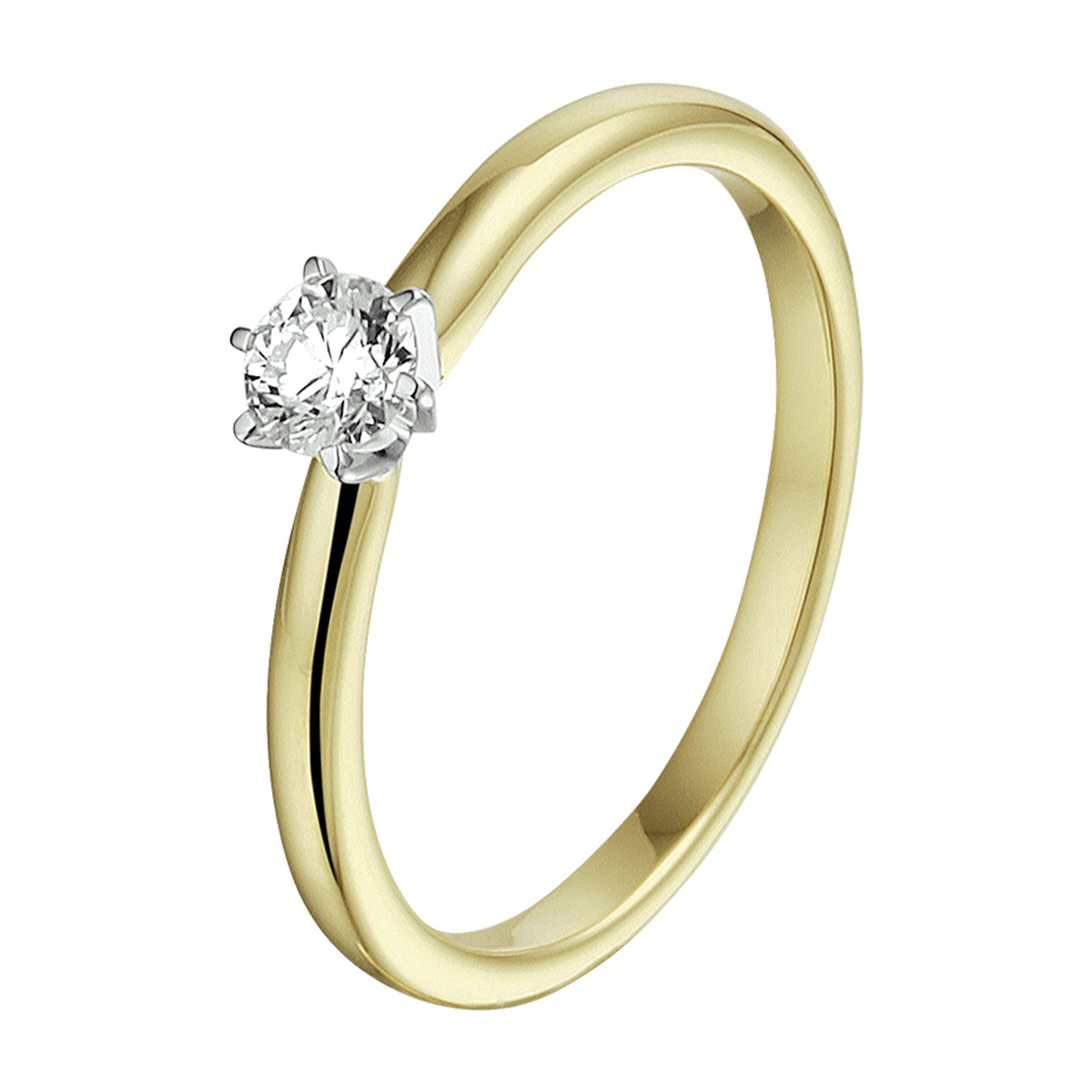 14k Bicolor geel- en witgouden ring uitgevoerd met een schitterende diamant. De ring heeft een breedte van 5mm.