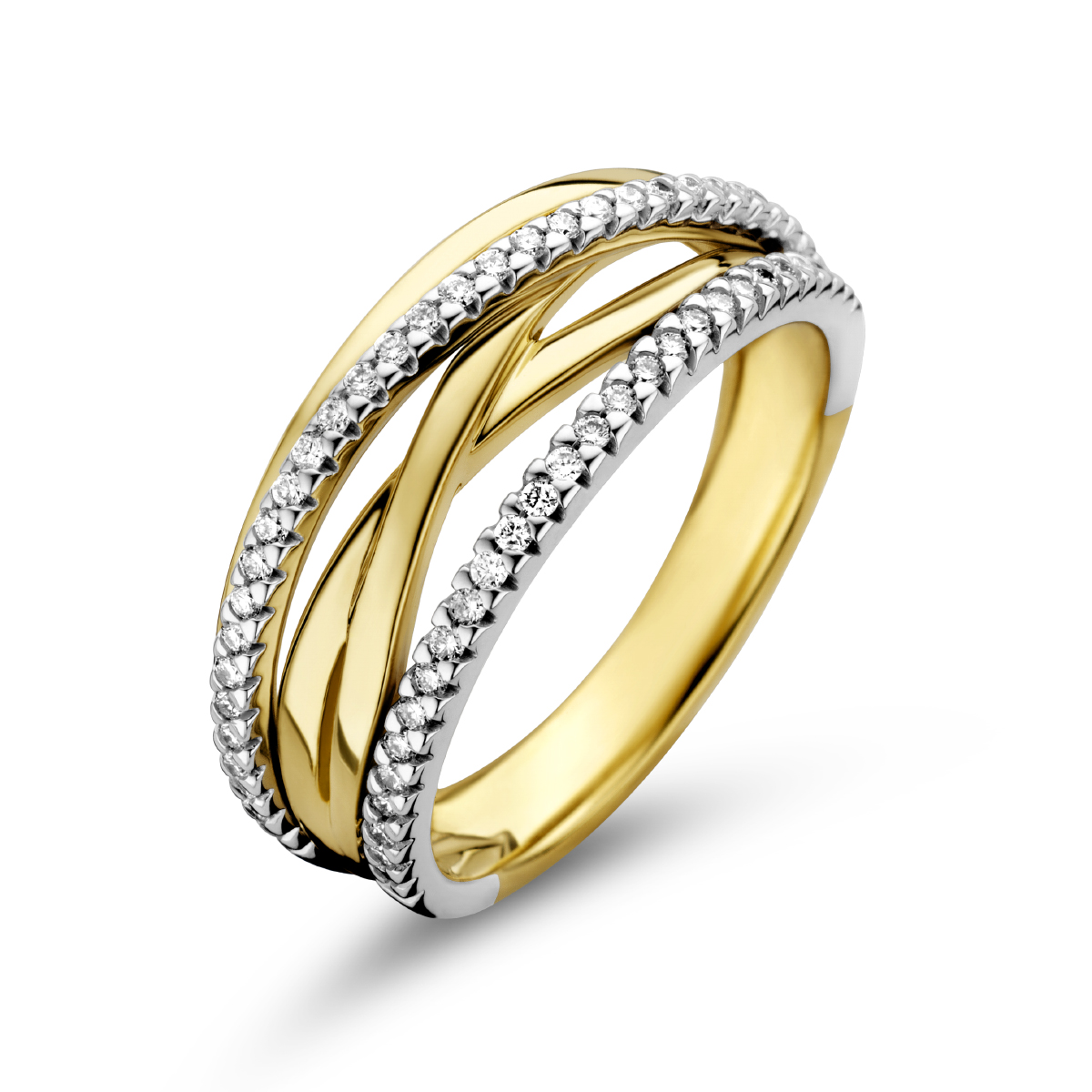14k Bicolor geel- en witgouden ring uitgevoerd met diamanten. De ring heeft een breedte van 8mm.