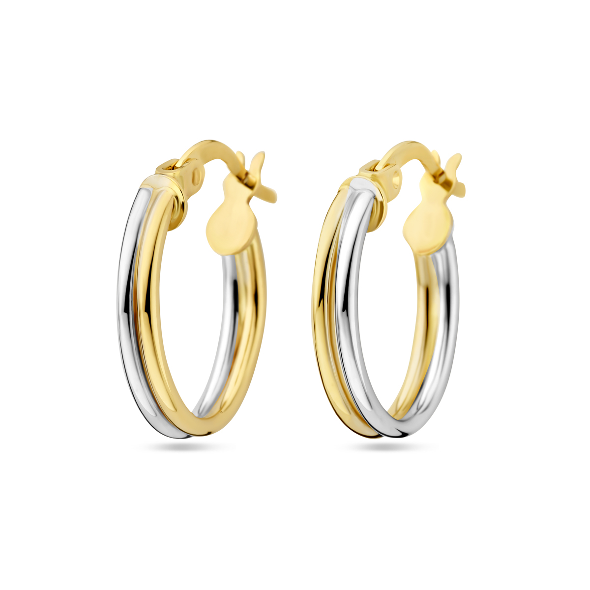 14k Bicolor wit- en geelgouden oorringen met een afmeting van 19x3mm.