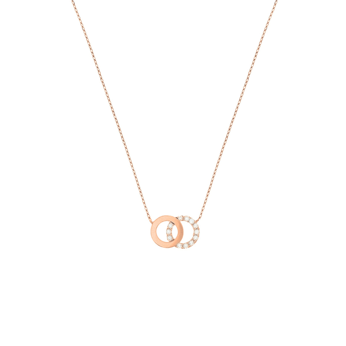 Rosegouden collier met rondjes en zirkonia. De draaglengtes zijn 40 42 en 44cm. De schakelbreedte is 0.8cm.