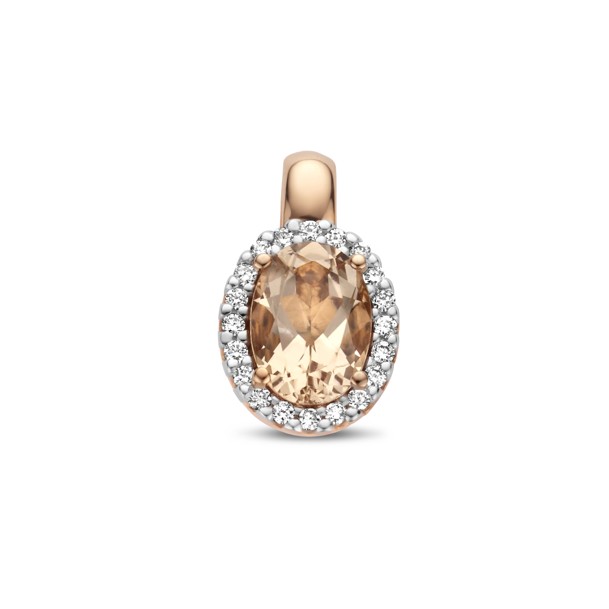 14k Rosegouden hanger uitgevoerd met een schitterende morganiet en een diamant rij.