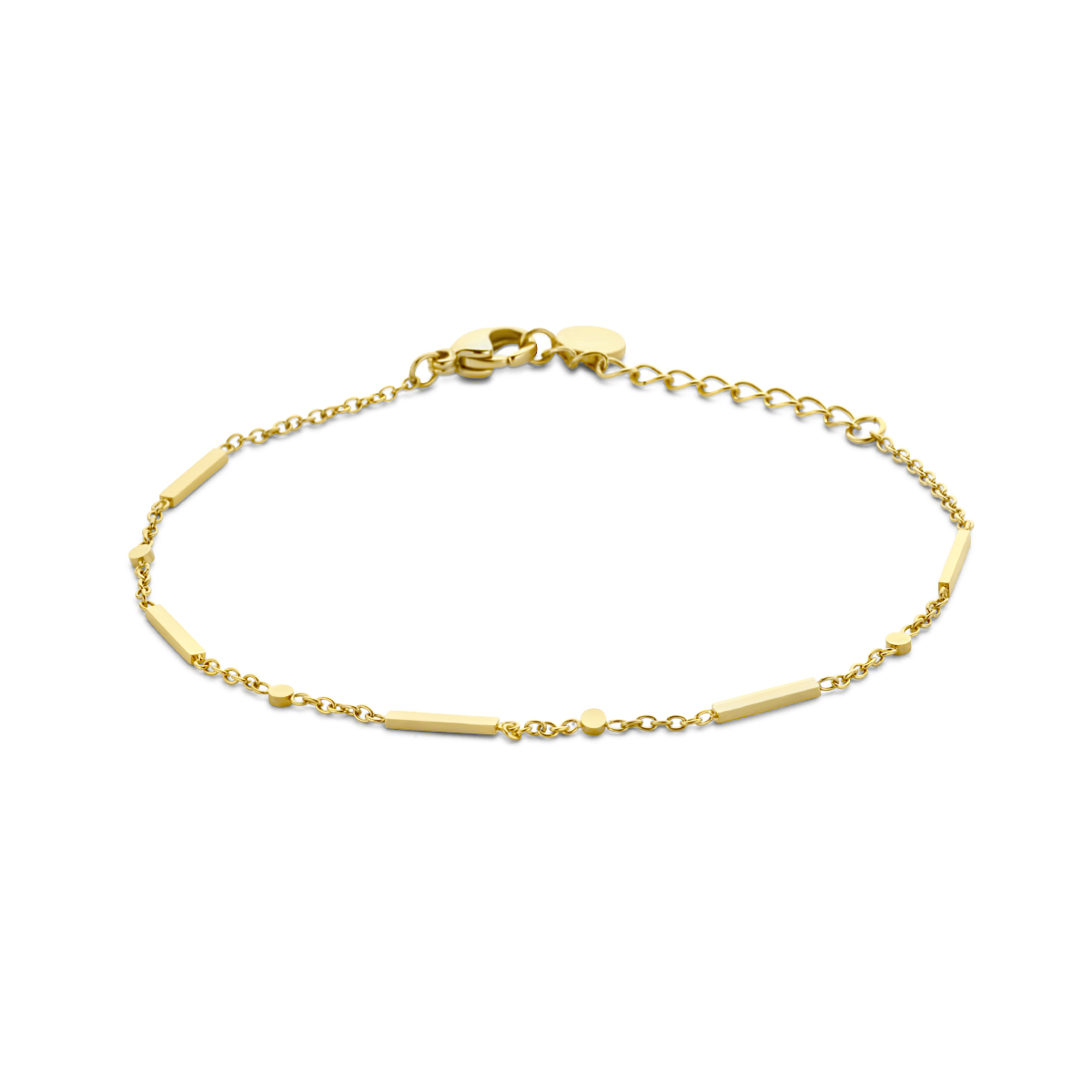 Stalen armband uitgevoerd met staafjes en een geel gekleurde ion plating. De armband heeft een draaglengte van 16cm met een extensie van 3cm en een stevige karabijn sluiting. De schakelbreedte is 2.0mm.