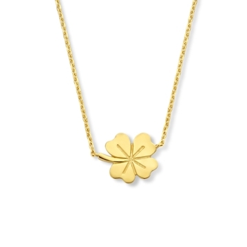 9k Geel kleurig collier uitgevoerd met een klaver. Het collier heeft draaglengtes van 40, 42 en 44cm. De schakelbreedte is 0.8mm.