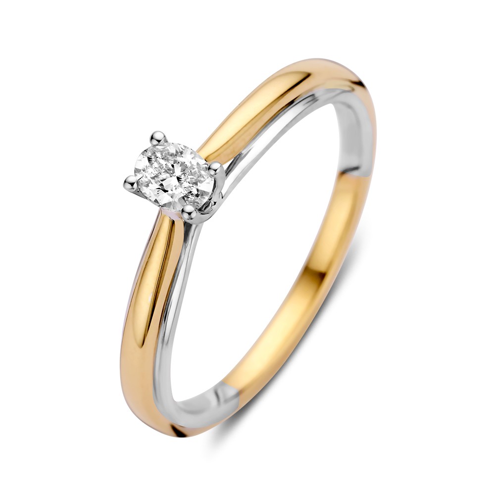 Prachtige bicolor geel- en witgouden solitair met twee ringen die met elkaar samensmelten. De ring bevat een ovaal geslepen diamant als echte eyecatcher en is perfect solo te dragen, maar ook mooi in een combinatie met een gouden aanschuifring.

