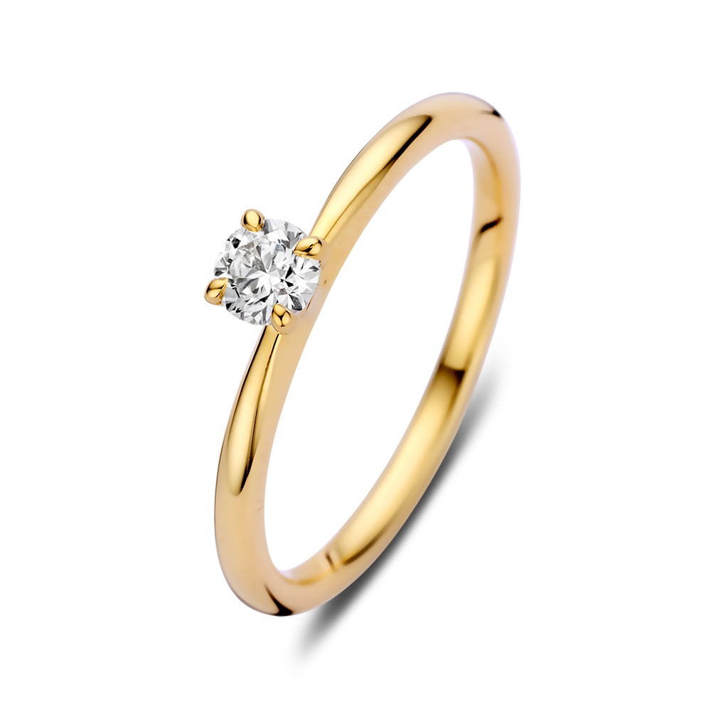 Stijlvolle, elegante solitair met 0,25crt. briljant als eyecatcher. De ring heeft een verhoogde zetting met een verfijnd design.
