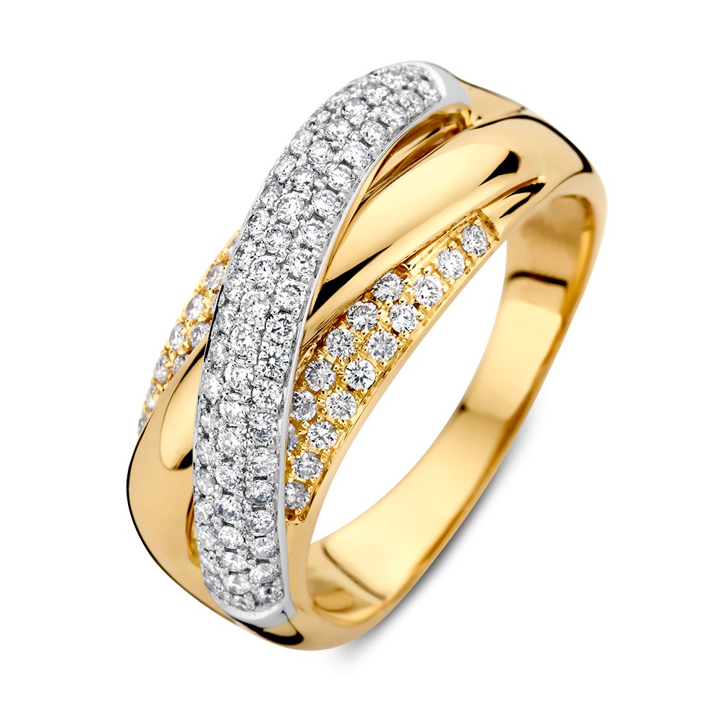 Schitterende bicolor wit- en geelgouden crossover ring met diamanten in pavézetting.

