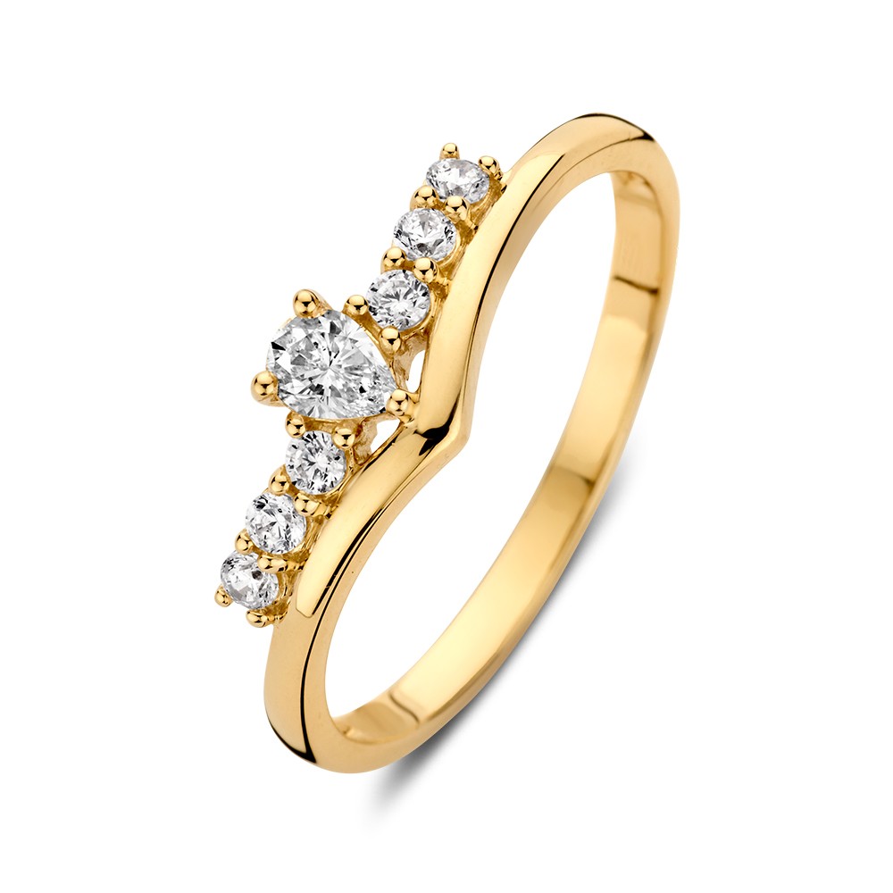 Speelse, geelgouden ring in v-vorm gezet met zirkonia's.
