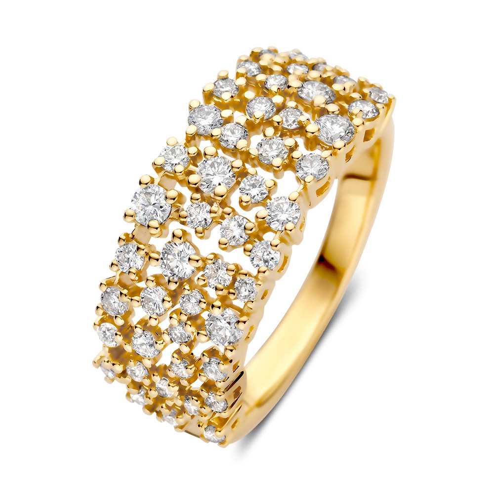 Schitterende ring met diamanten op speelse wijzegezet als een fonkelende sterrenhemel.
