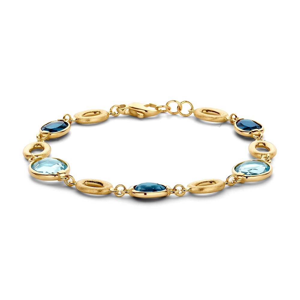 Stijlvolle gouden armband met topazen en london blue topazen en gematteerd gouden elementen.
