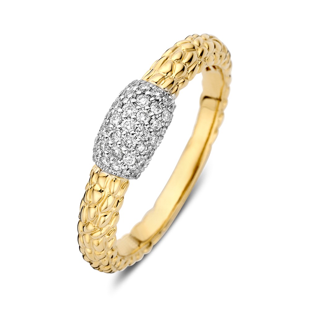 Geelgouden ring met bewerkte band en een witgouden element gezet met diamant in pavézetting
