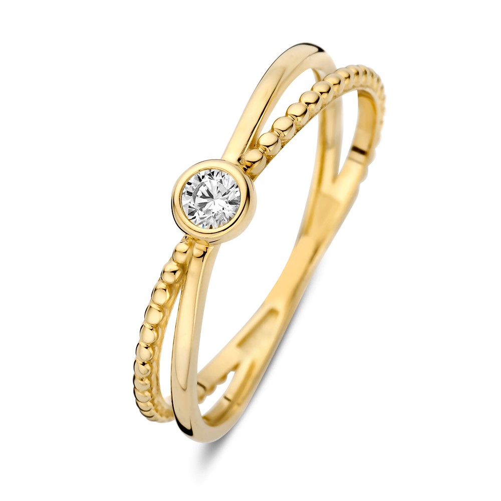 Geelgouden ring met twee gekruiste banen, waarvan een met een bolletjespatroon. De ring bevat een schitterende zirkonia is ronde kastzetting.
