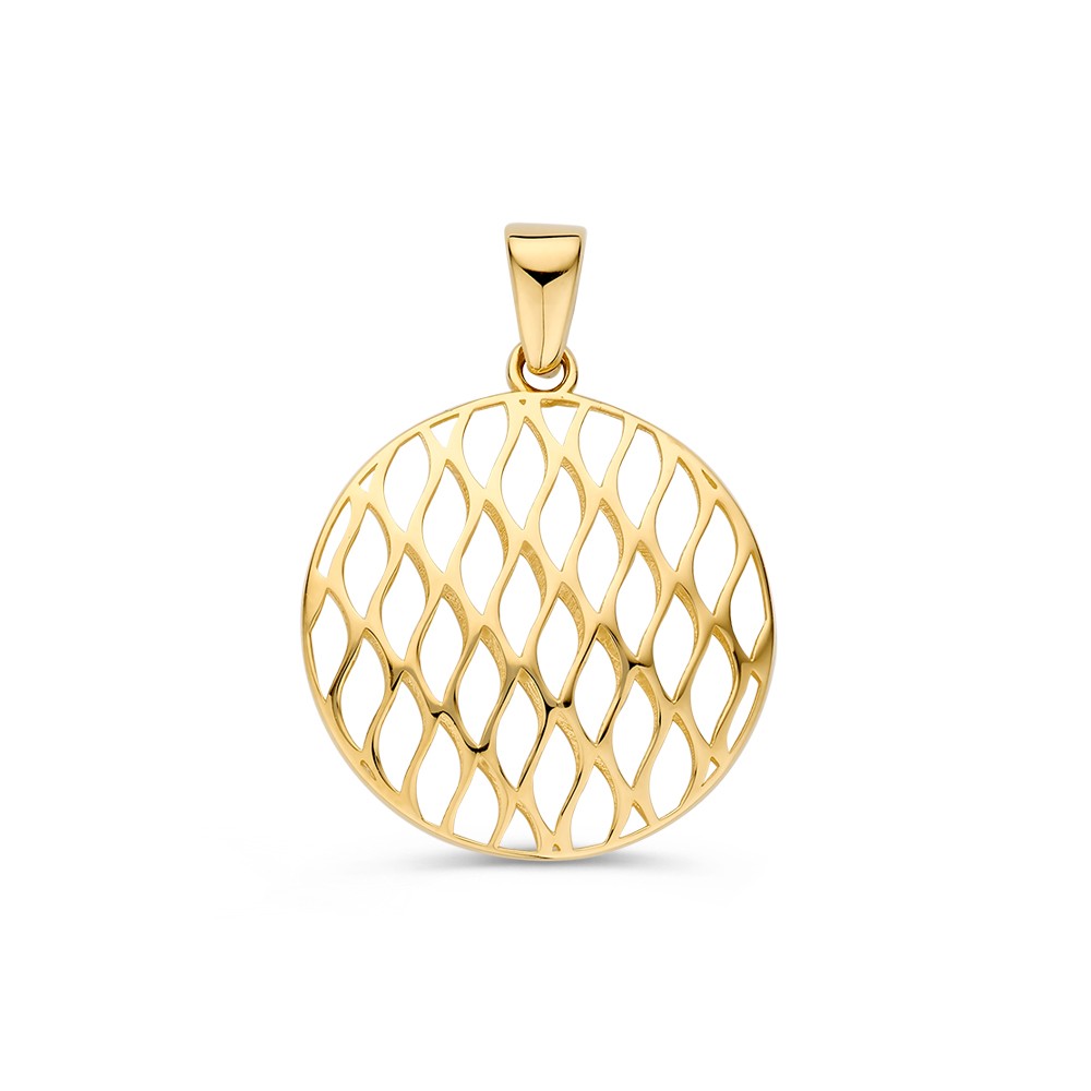 Opvallende, gouden hanger met een opengewerkt raster.
