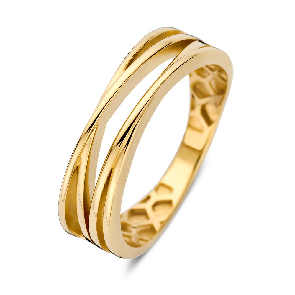 Speelse, gouden cross-over ring met vier gouden banen.

