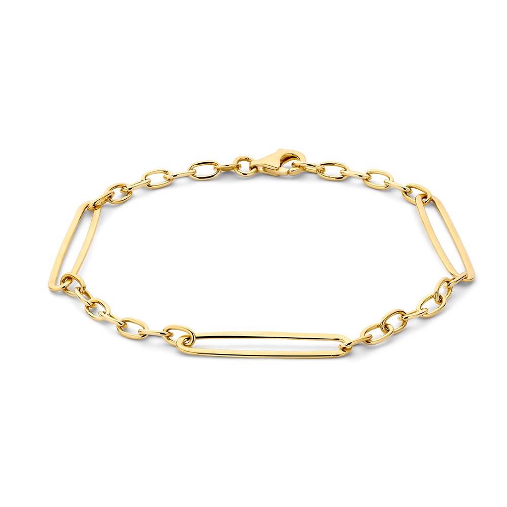 Speelse, geelgouden schakelarmband, met ovale schakels van verschillende groottes.
