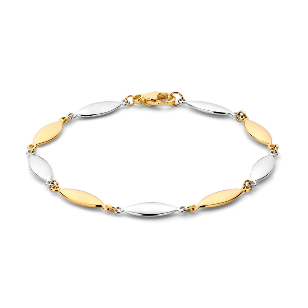 Bicolor wit- en geelgouden armband met ovale schakels.
