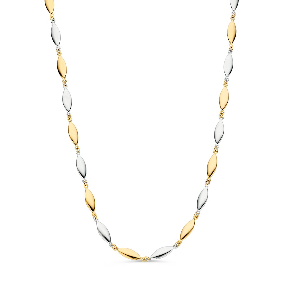 Bicolor wit- en geelgouden collier met ovale schakels.
