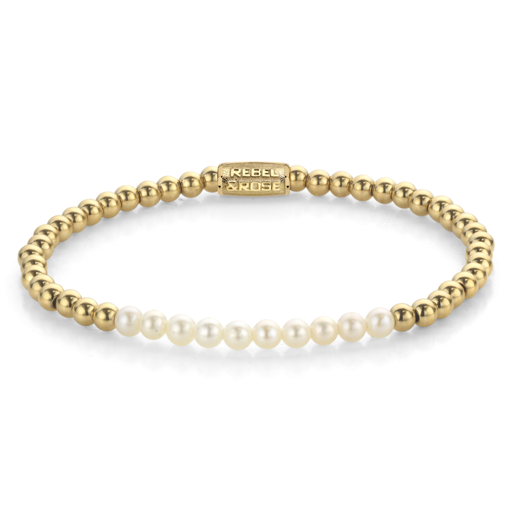 Armband van het merk Rebel & Rose. De armband heeft een hoogwaardige elastische stretch koord, met 4mm kralen van Parels, RVS gold plated.